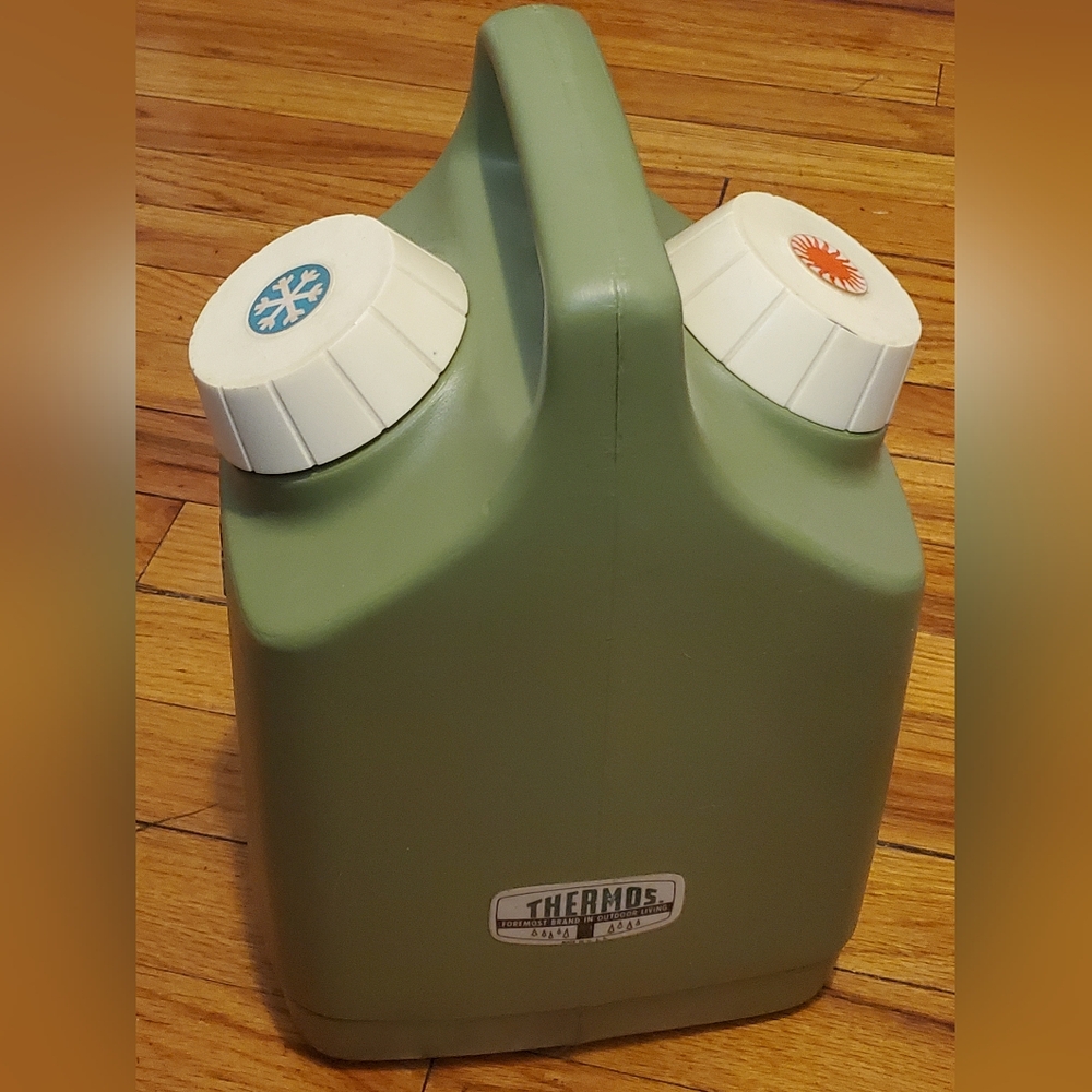 Vintage Thermos Hot & Cold Cooler Avocado Green Double Container Picnic Camping